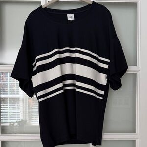 CAbi Navy and White Striped Short Sleeve Tee